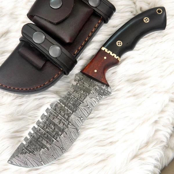 Custom Handmade Damascus Tracker Knife – 10” Survival Hunting Blade with Buffalo Horn Handle & Leather Sheath