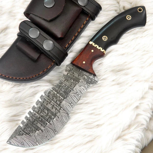 Custom Handmade Damascus Tracker Knife – 10” Survival Hunting Blade with Buffalo Horn Handle & Leather Sheath