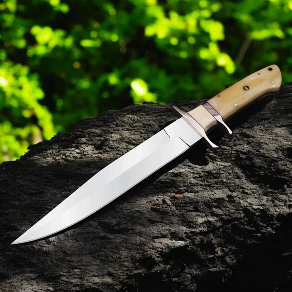 15.5” Handmade D2 Steel Bowie Knife with Camel Bone Handle & Leather Sheath – Full Tang Hunting Knife