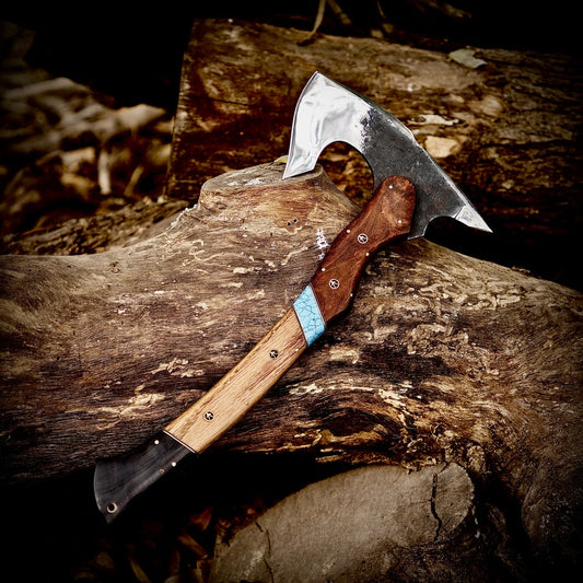 Handcrafted Camping Hatchet Axe with Leather Sheath – 1095 High Carbon Steel Hunting & Throwing Axe (17”)