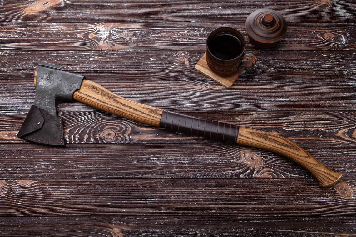 Finnish Forest Camp Axe – Hand Forged Carbon Steel Bushcraft Axe with Curved Ash Handle