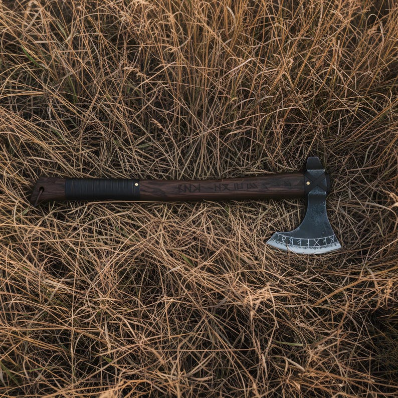 Norse Warrior Bearded Axe – Handmade Carbon Steel Viking Hatchet with Rune-Carved Wood Handle