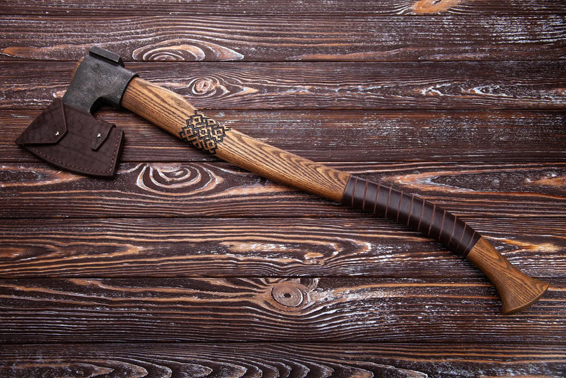 Hand Forged Bushcraft Splitting Axe – Carbon Steel Camping Axe with Ash Wood Handle & Leather Sheath