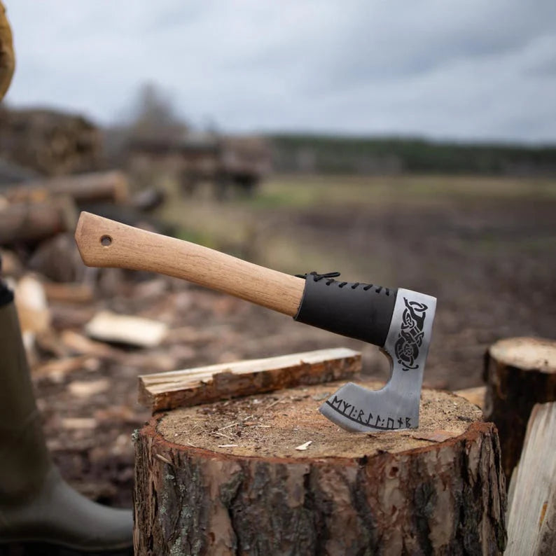 Hand Forged Bearded Bushcraft Axe – 1060 High Carbon Steel Camping Hatchet with Leather Sheath