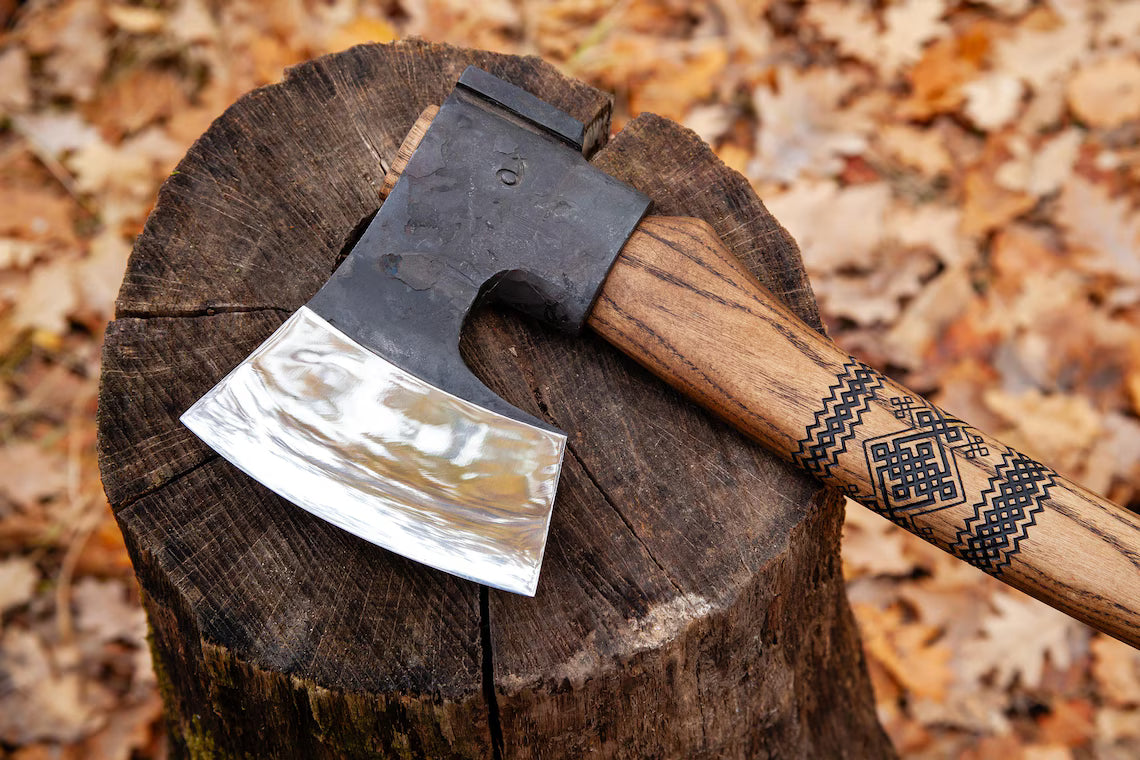 Finnish Style Bushcraft Axe – Hand Forged Carbon Steel Forest Axe with Ash Wood Handle & Leather Sheath