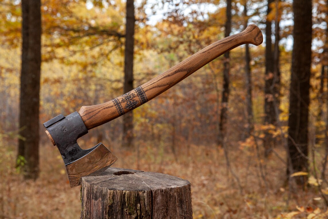 Finnish Style Bushcraft Axe – Hand Forged Carbon Steel Forest Axe with Ash Wood Handle & Leather Sheath