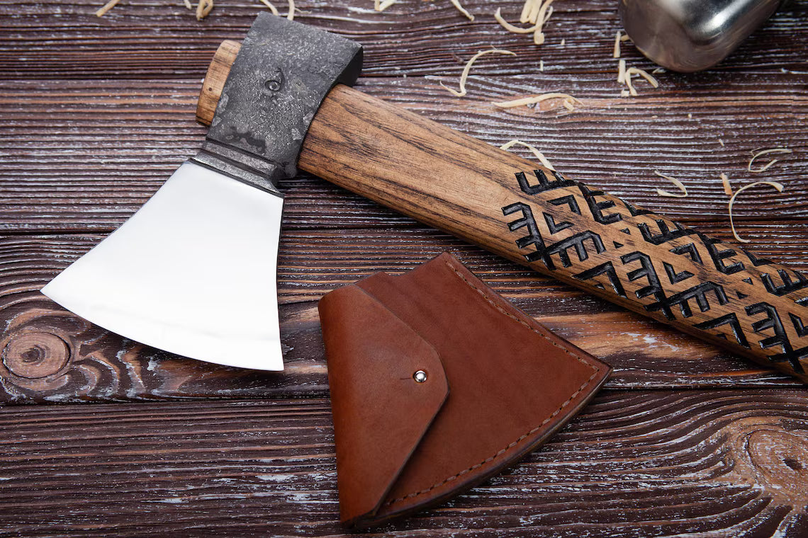 Traditional Hutsul Bartka Axe – Hand Forged Carbon Steel Carpathian Highlander Hatchet with Leather Sheath