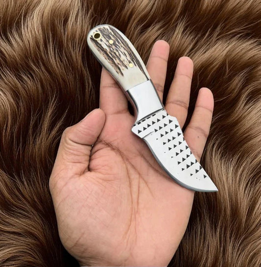 Compact EDC Knife with Stag Horn Handle – Handcrafted Geometric Rasp Blade Fixed Knife (6.5”)