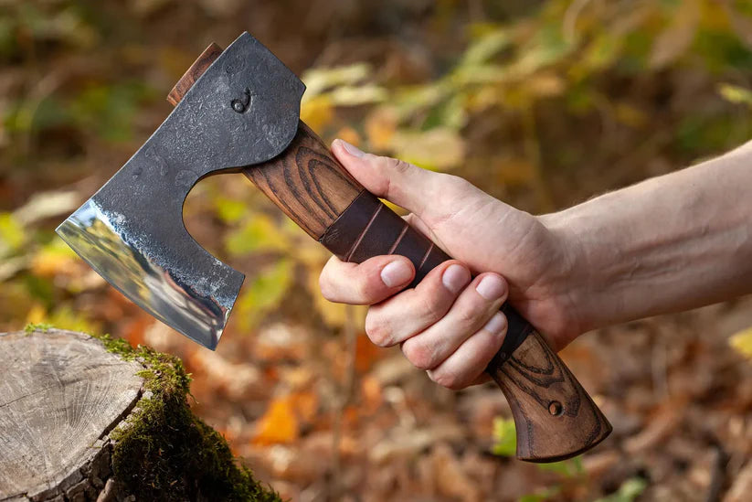 Compact Viking Bearded Axe – Hand Forged 1066 Carbon Steel Bushcraft Hatchet with Leather Sheath