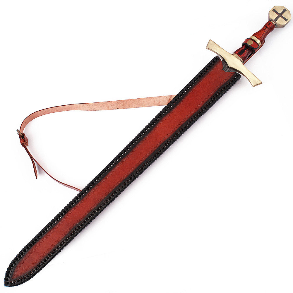 Descendent of the Holy Knights Damascus Steel Templar Knight Sword with Leather Sheath
