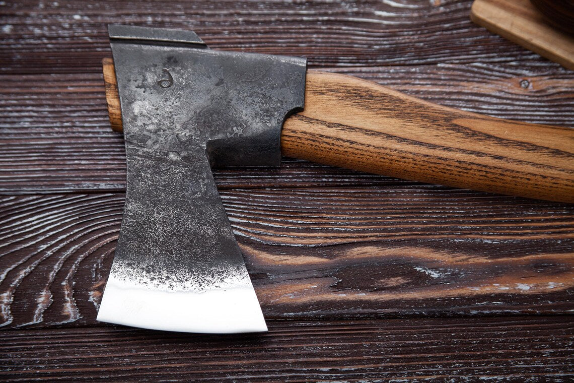 Finnish Forest Camp Axe – Hand Forged Carbon Steel Bushcraft Axe with Curved Ash Handle