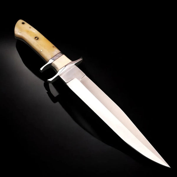 15.5” Handmade D2 Steel Bowie Knife with Camel Bone Handle & Leather Sheath – Full Tang Hunting Knife