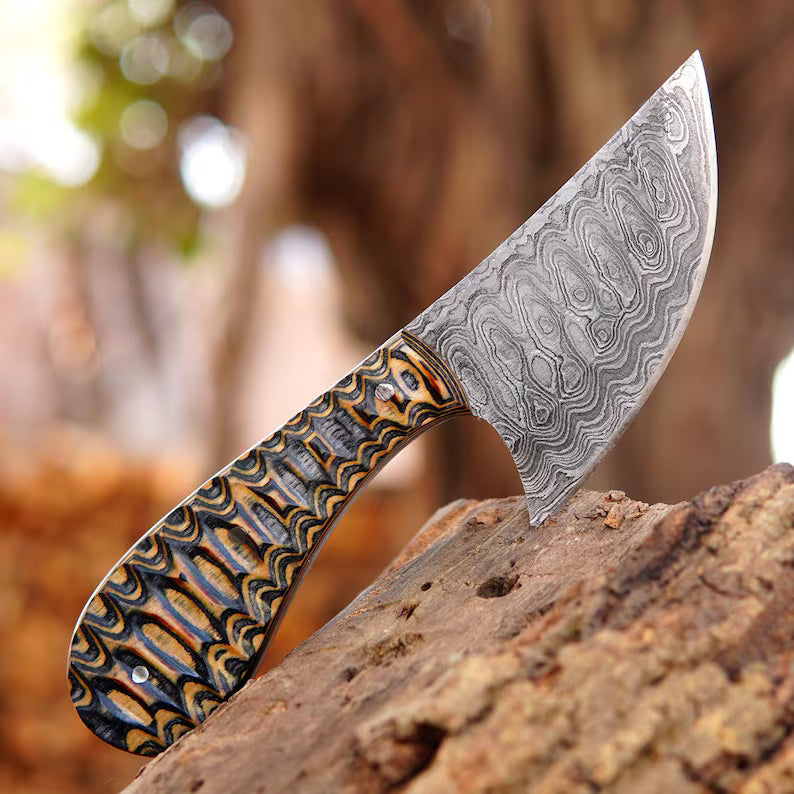 Hand Forged Damascus Skinner Knife – 7" Custom Hunting & Bushcraft Knife with Pakka Wood Handle and Leather Sheath