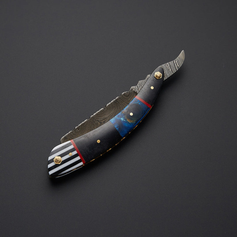 Custom Handmade Damascus Steel Straight Razor with Leather Sheath | Blue Resin & Wood Handle Barber Razor