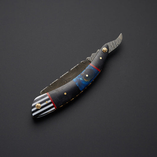 Custom Handmade Damascus Steel Straight Razor with Leather Sheath | Blue Resin & Wood Handle Barber Razor