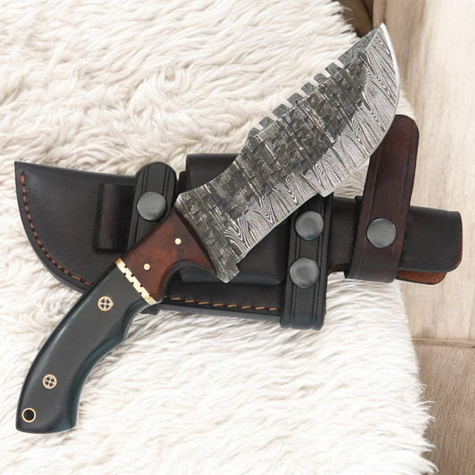 Custom Handmade Damascus Tracker Knife – 10” Survival Hunting Blade with Buffalo Horn Handle & Leather Sheath