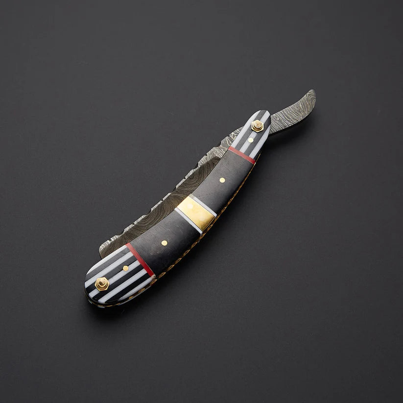 Custom Handmade Damascus Steel Straight Razor with Leather Sheath | Bone & Wood Handle | Barber Shaving Razor