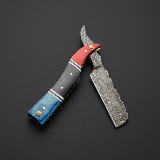 Custom Handmade Damascus Steel Straight Razor with Bone & Wood Handle + Leather Sheath