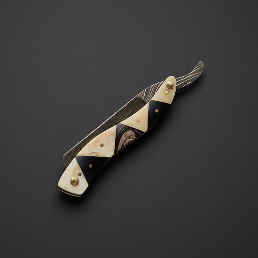 Custom Handmade Damascus Steel Straight Razor with Leather Sheath | Geometric Bone Handle Barber Razor