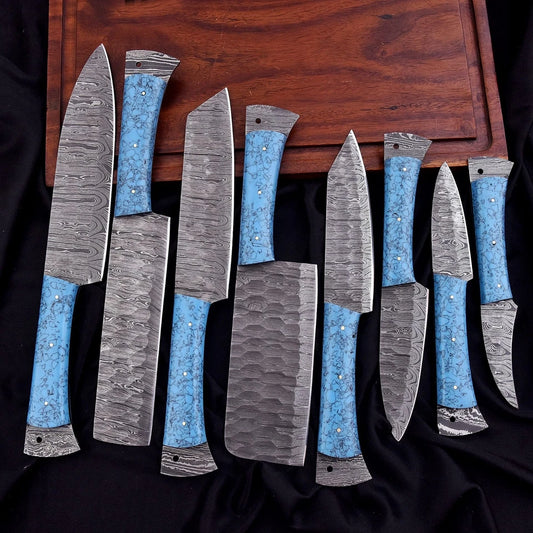 Custom Handmade Damascus Steel Chef Knife Set – 8-Piece Professional Kitchen Knives with Turquoise Resin Handles | Knives Zone