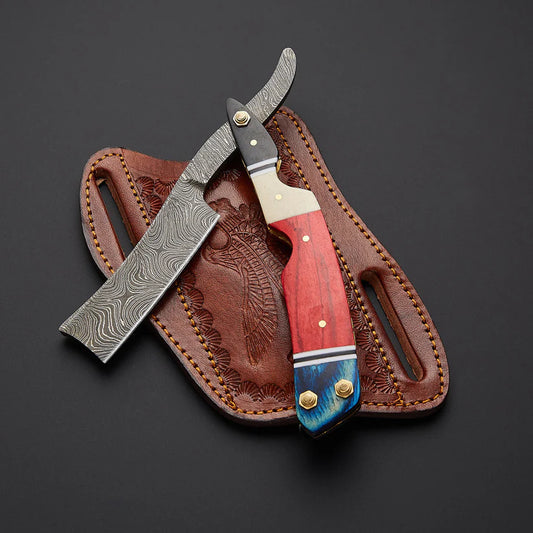 Custom Handmade Damascus Steel Straight Razor with Bone & Wood Handle | Leather Sheath Included