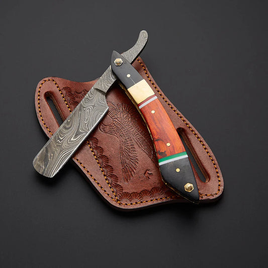 Custom Handmade Twist Damascus Steel Straight Razor with Leather Sheath | Knives Zone