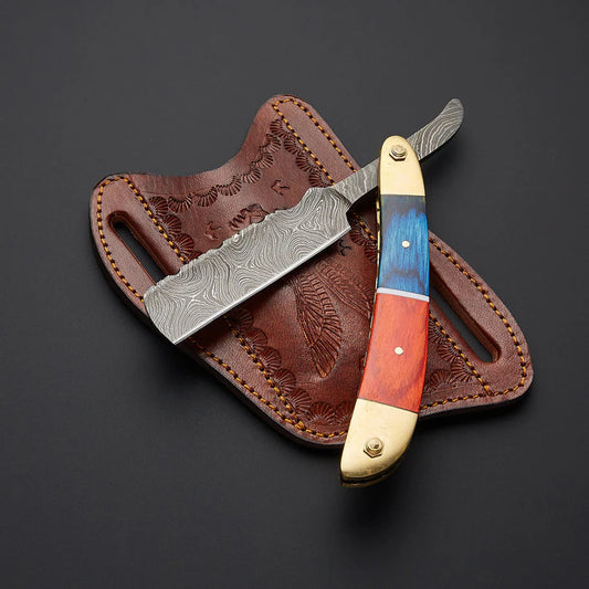 Custom Handmade Damascus Steel Straight Razor with Leather Sheath | Knives Zone