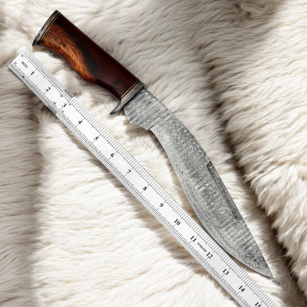 15” Handmade Damascus Kukri Knife with Wooden Handle & Leather Sheath | Custom Hunting & Survival Knife – Knives Zone