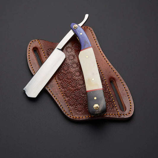 Custom Handmade J2 Steel Straight Razor with Bone & Wood Handle | Leather Sheath Included