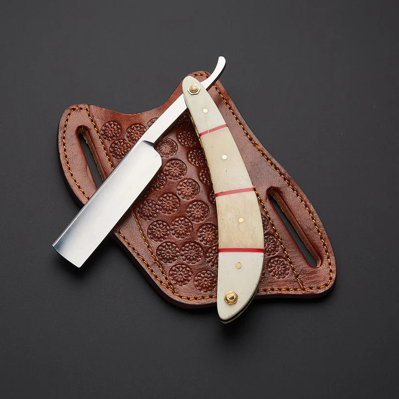Custom Handmade J2 Steel Straight Razor with Bone & Wood Handle and Leather Sheath