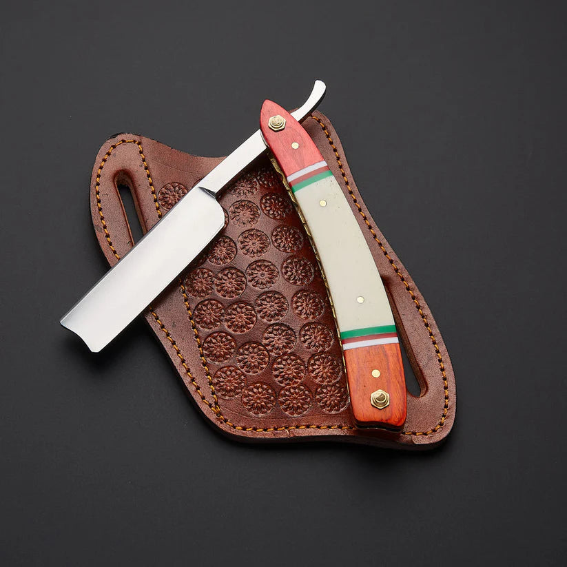 Custom Handmade J2 Steel Straight Razor with Bone & Wood Handle & Leather Sheath