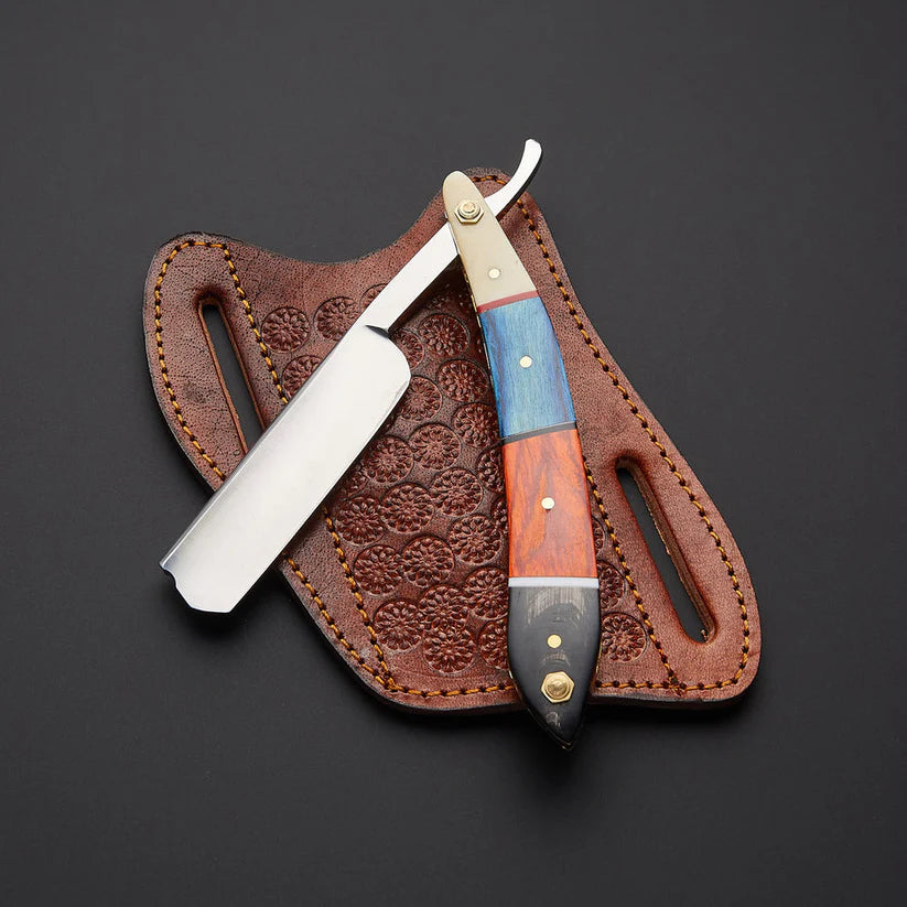 Custom Handmade J2 Steel Straight Razor with Bone & Wood Handle and Leather Sheath