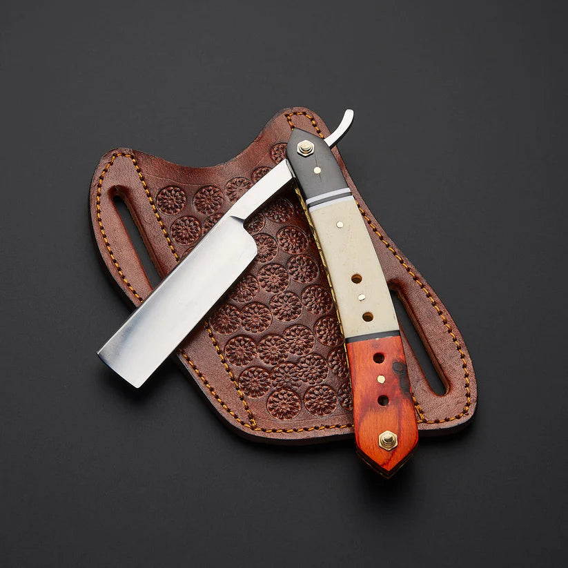 Custom Handmade J2 Steel Straight Razor with Bone & Wood Handle and Leather Sheath