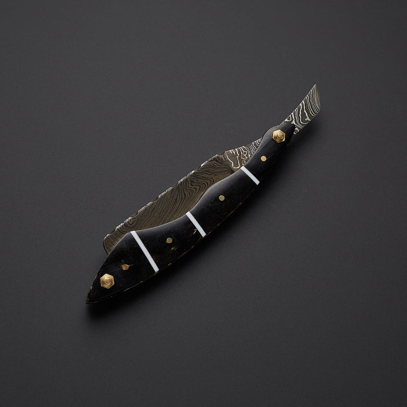 Custom Handmade Damascus Steel Straight Razor with Leather Sheath | Knives Zone