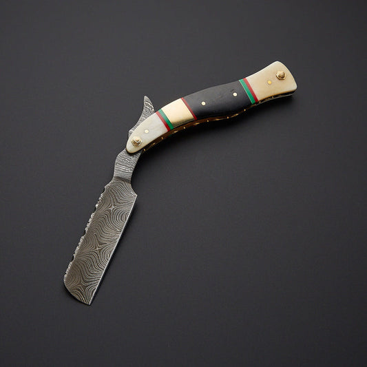 Artisan Handmade Damascus Steel Straight Razor with Bone & Wood Handle and Leather Sheath