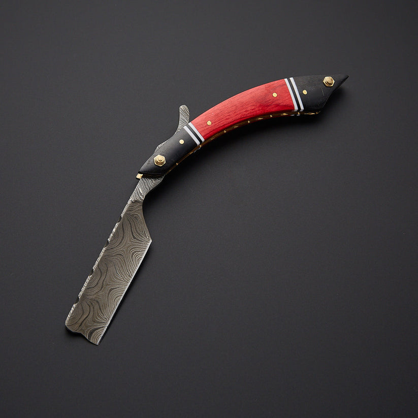 Handcrafted Damascus Steel Straight Razor with Hardwood Handle & Leather Sheath – Classic Wet Shaving Razor