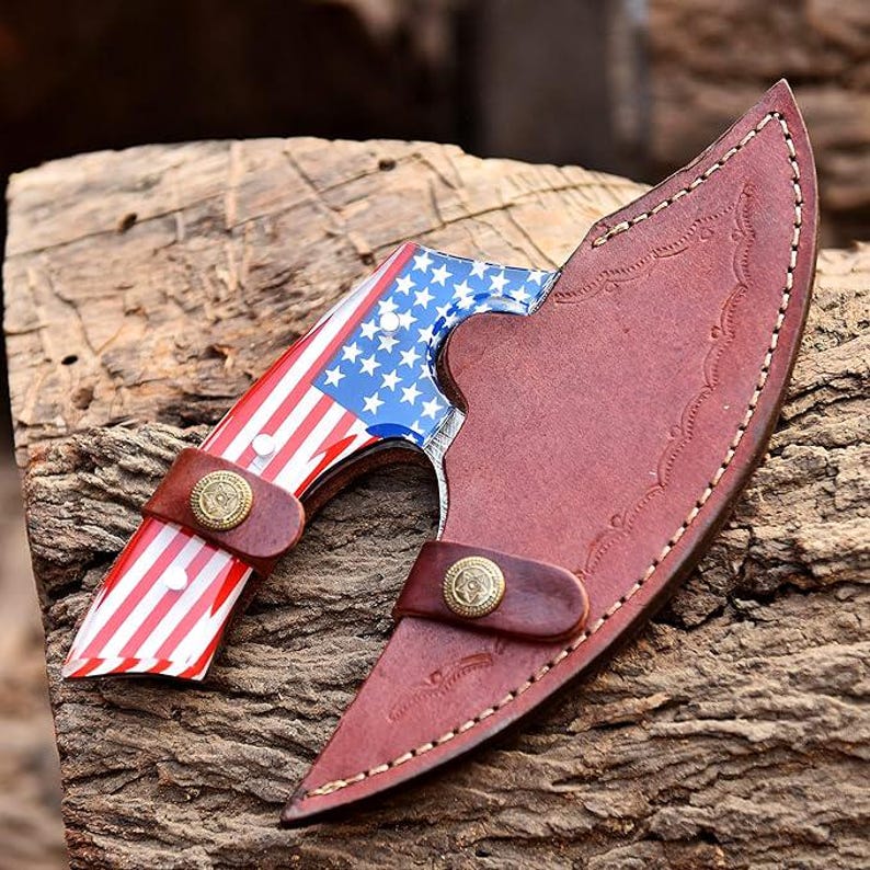 Custom Handmade Damascus Steel Ulu Knife with Leather Sheath | Viking Style Pizza Cutter & Utility Knife