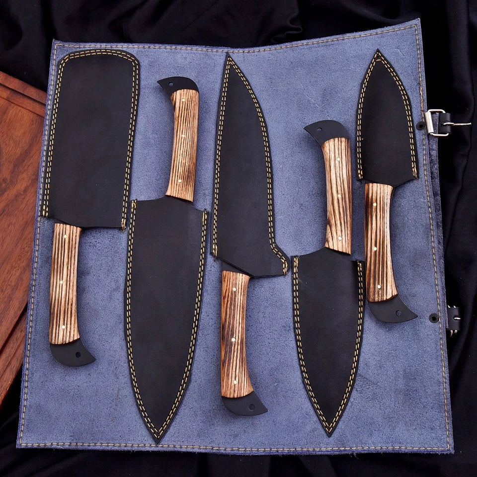 Handmade D2 Steel Hammered 5-Piece Chef Knife Set with Ash Wood Handles & Leather Roll | Knives Zone