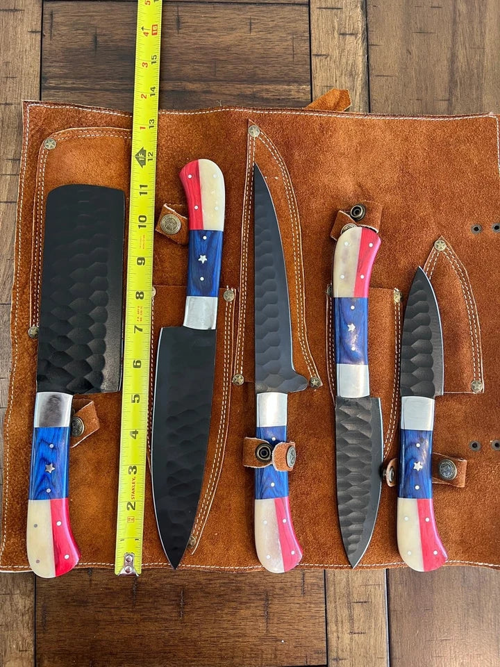 Handmade D2 Steel 5-Piece Chef Knife Set – Texas Flag Handles & Leather Roll | Knives Zone