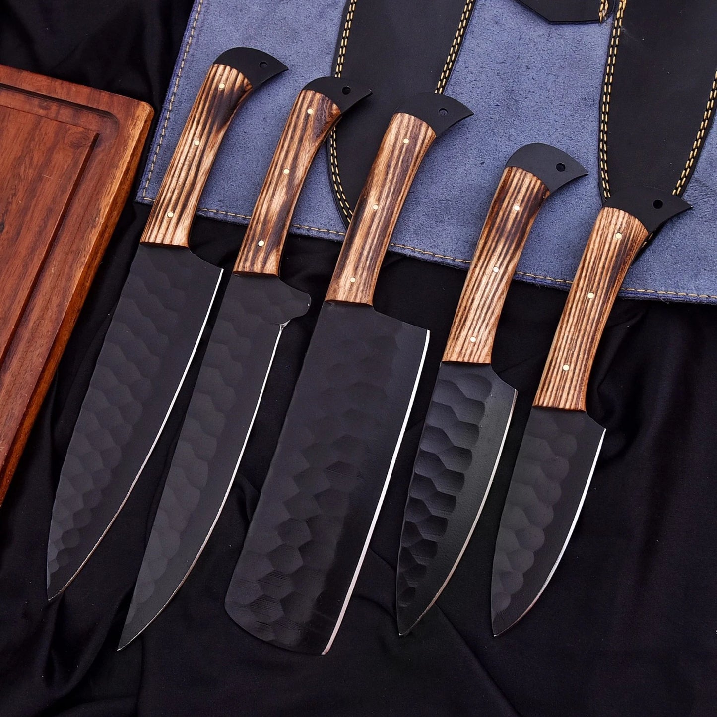 Handmade D2 Steel Hammered 5-Piece Chef Knife Set with Ash Wood Handles & Leather Roll | Knives Zone