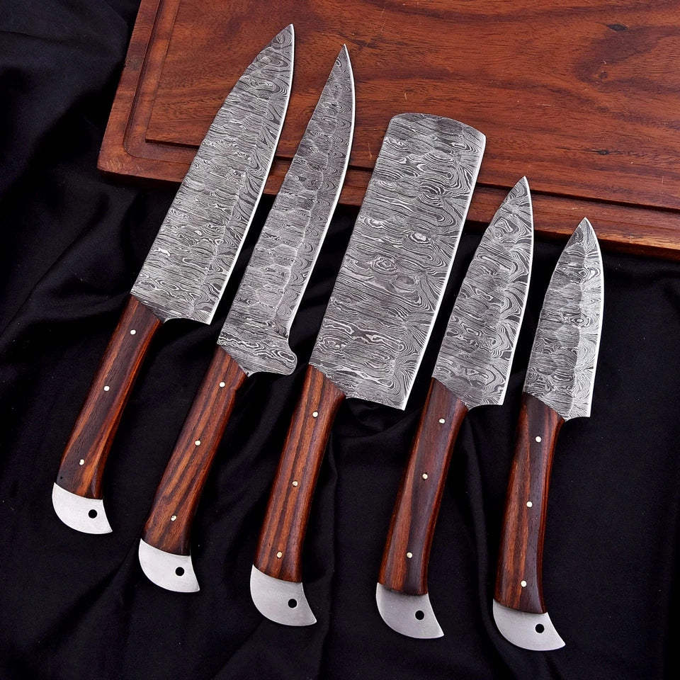 Handmade Damascus 5-Piece Chef Knife Set with Wooden Handles & Leather Roll | Knives Zone
