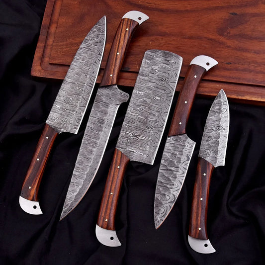 Handmade Damascus 5-Piece Chef Knife Set with Wooden Handles & Leather Roll | Premium Kitchen Knife Set – Knives Zone