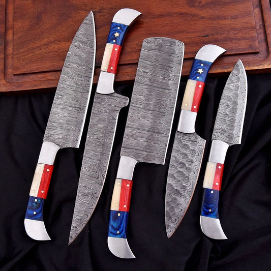 Handmade Damascus 5-Piece Chef Knife Set with Texas Flag Handle & Leather Roll | Knives Zone