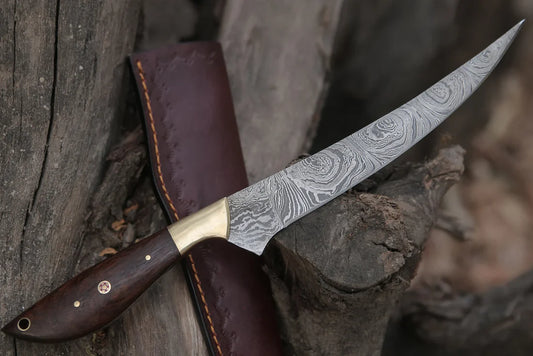 Handmade Damascus Fillet Knife – Flexible Blade Chef & Fishing Knife with Leather Sheath (13”)