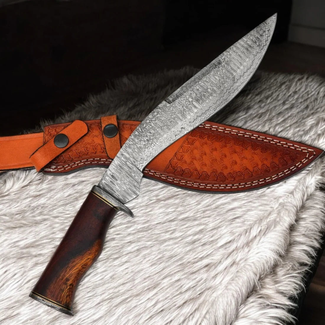 15” Handmade Damascus Kukri Knife with Wooden Handle & Leather Sheath | Custom Hunting & Survival Knife – Knives Zone