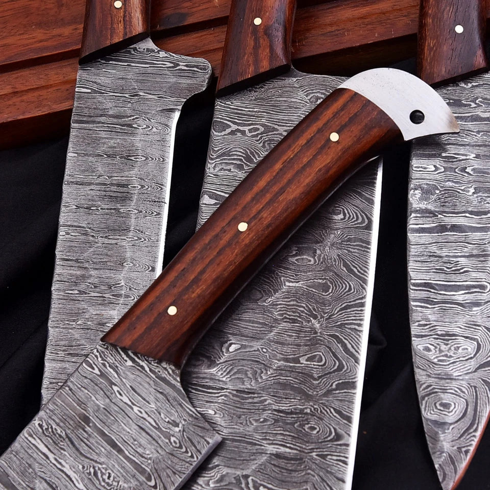 Handmade Damascus 5-Piece Chef Knife Set with Wooden Handles & Leather Roll | Knives Zone