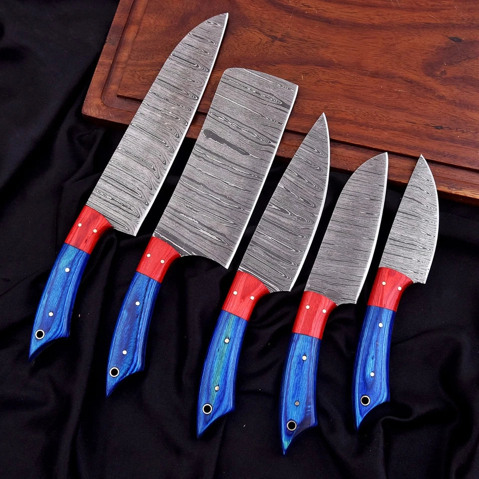 Handmade Damascus Steel 5-Piece Chef Knife Set with Mosaic Pin Wood Handles & Leather Bag | Knives Zone