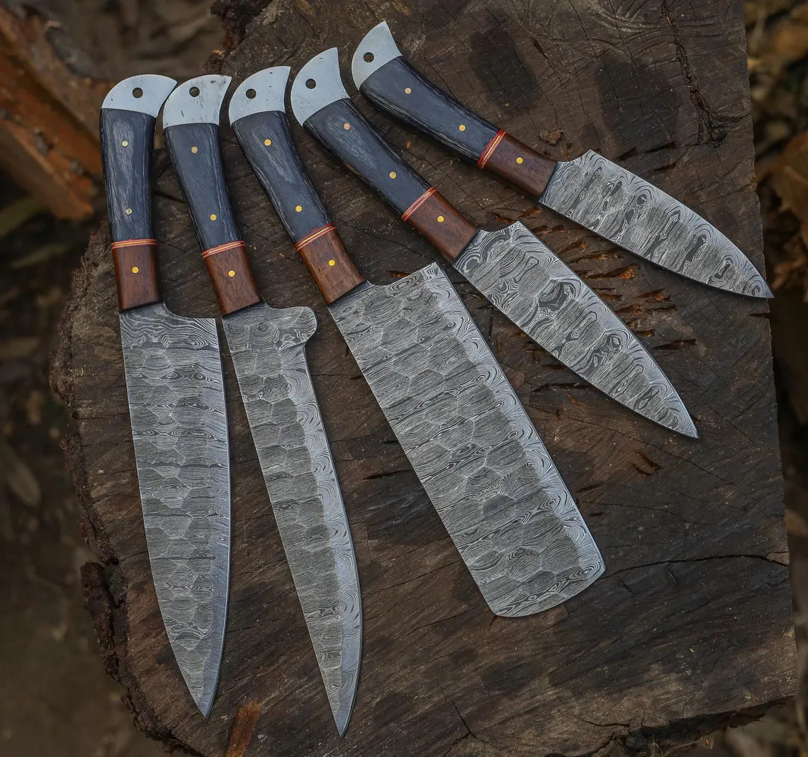 Hand Forged Damascus Steel Chef Knife Set – 5-Piece Kitchen Knives with Rosewood & Pakka Wood Handles | Knives Zone