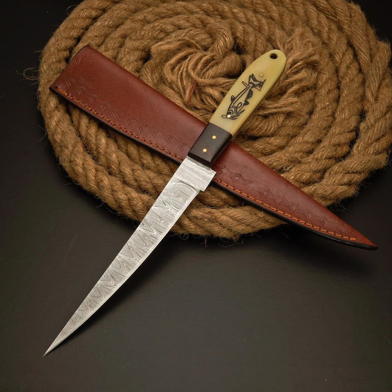Handmade Damascus Steel Fillet Knife – 13” Fishing Knife with Camel Bone Handle – Personalized Gift for Fisherman & Husband