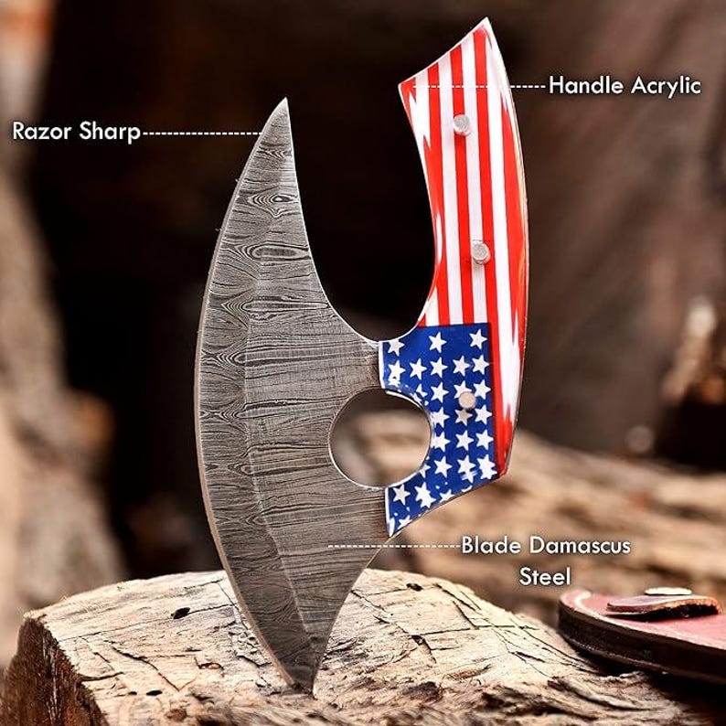 Custom Handmade Damascus Steel Ulu Knife with Leather Sheath | Viking Style Pizza Cutter & Utility Knife